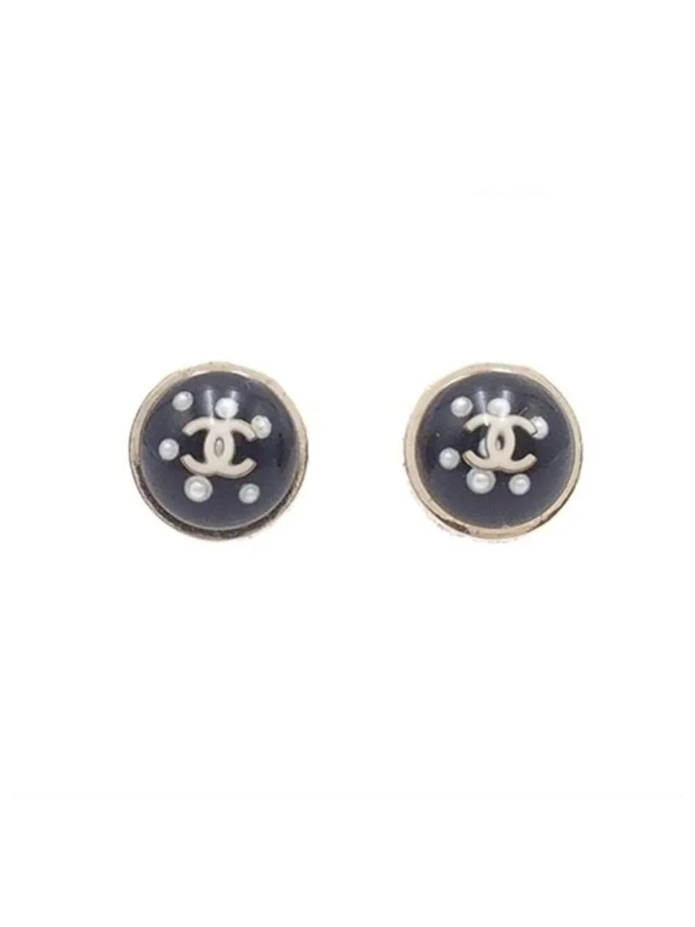 Chanel Earrings Black Gold Metal Costume Pearl Rhinestone CC Logo 10c